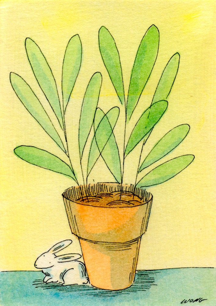 Original ACEO Painting -- Bunny and the plant