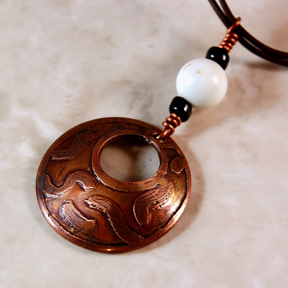 Etched Copper Pendant Necklace, Brown Leather Cord