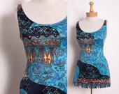 SUMMER SALE Vintage 60s One Piece Skirted Swimsuit in Blue Abstract Graphic Print