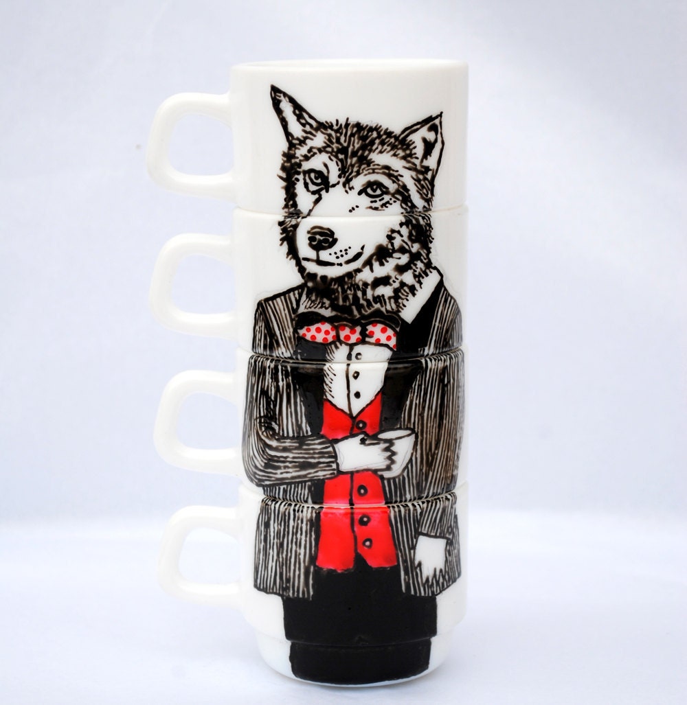 Hand painted set of 4 espresso cups - Mr Wolf