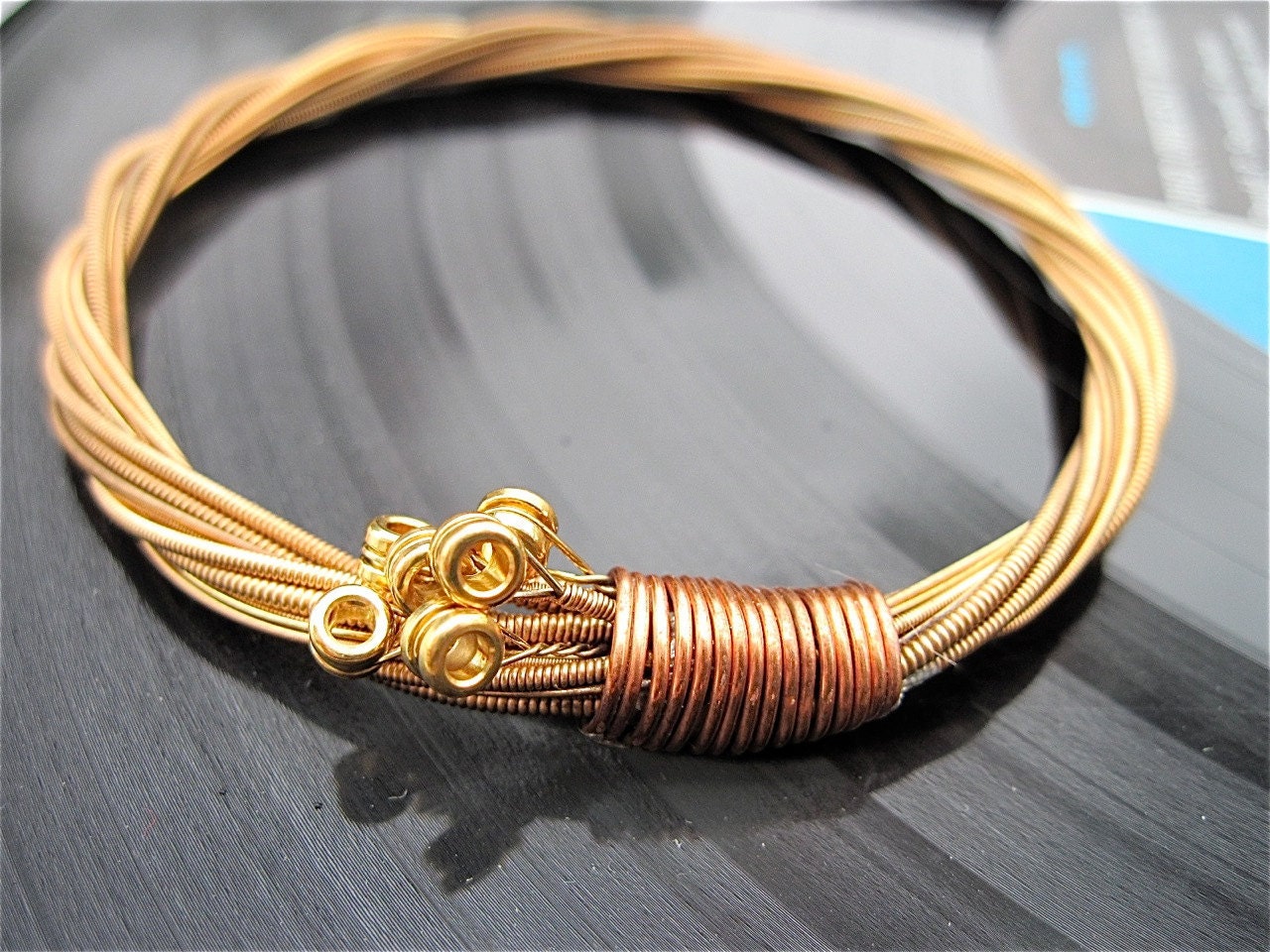 Recycled Acoustic Guitar String Bracelet bronze colored with brass ball ends attached Mens or Womens SMALL free shipping to US