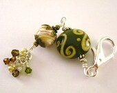 Green Swirl Zipper Pull Lampwork Creamy Botswana Agate Swarovski  Glass Pearl Antique Brass  Beaded Purse Charm / Key Chain