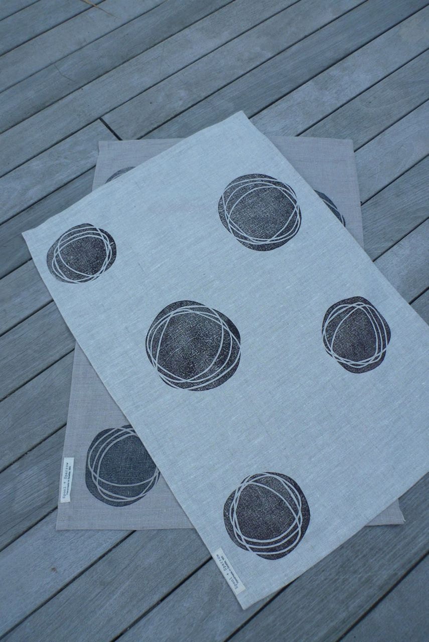 Linen tea towel dish cloth beach pebble stone (brown on oatmeal)