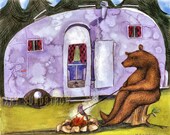 Camping Brown Bear Roasting a Trout with Airstream