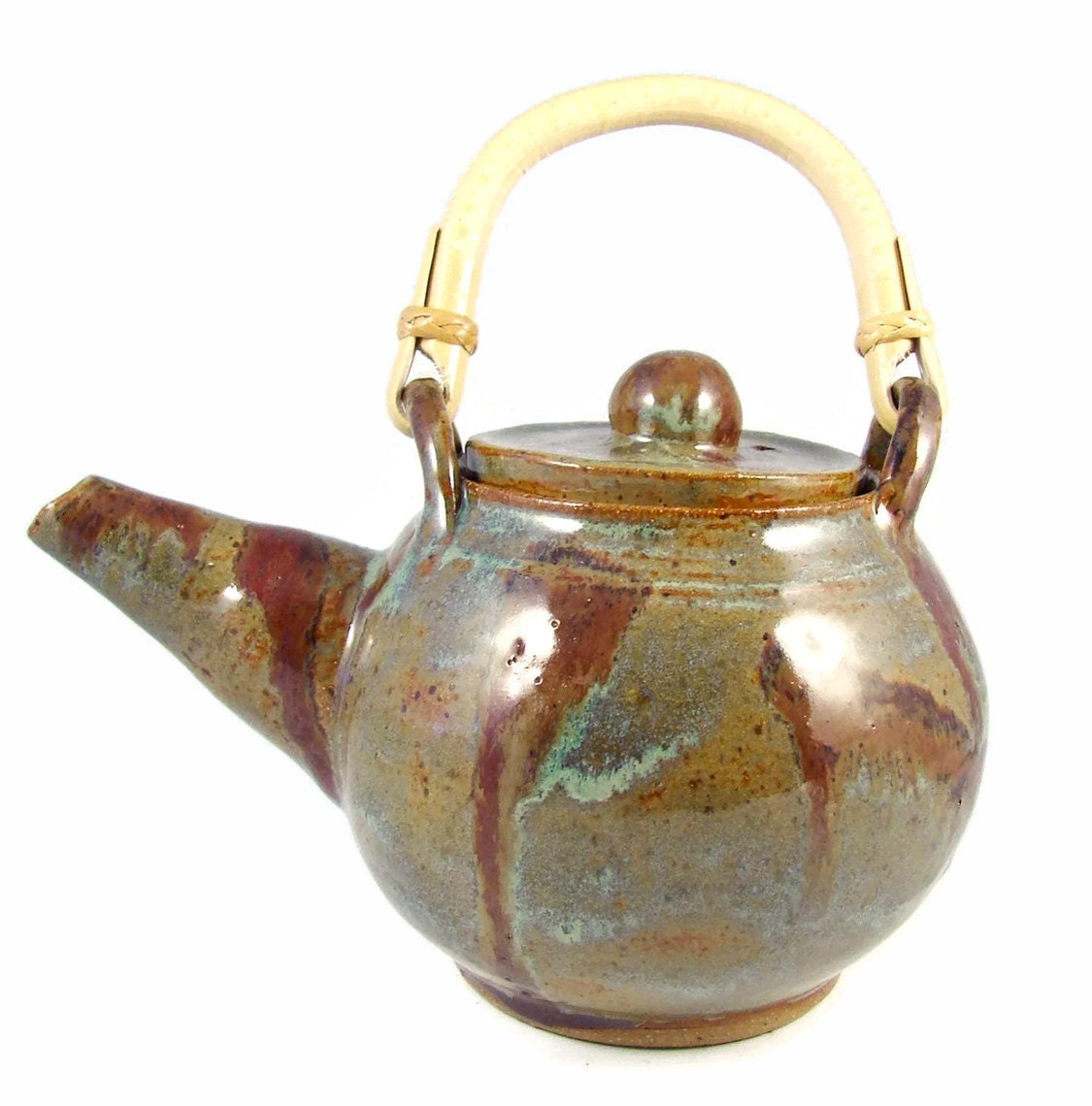 Ceramic Tea Pot w Cane Handle / Handmade Stoneware Pottery / Wheel Thrown Clay