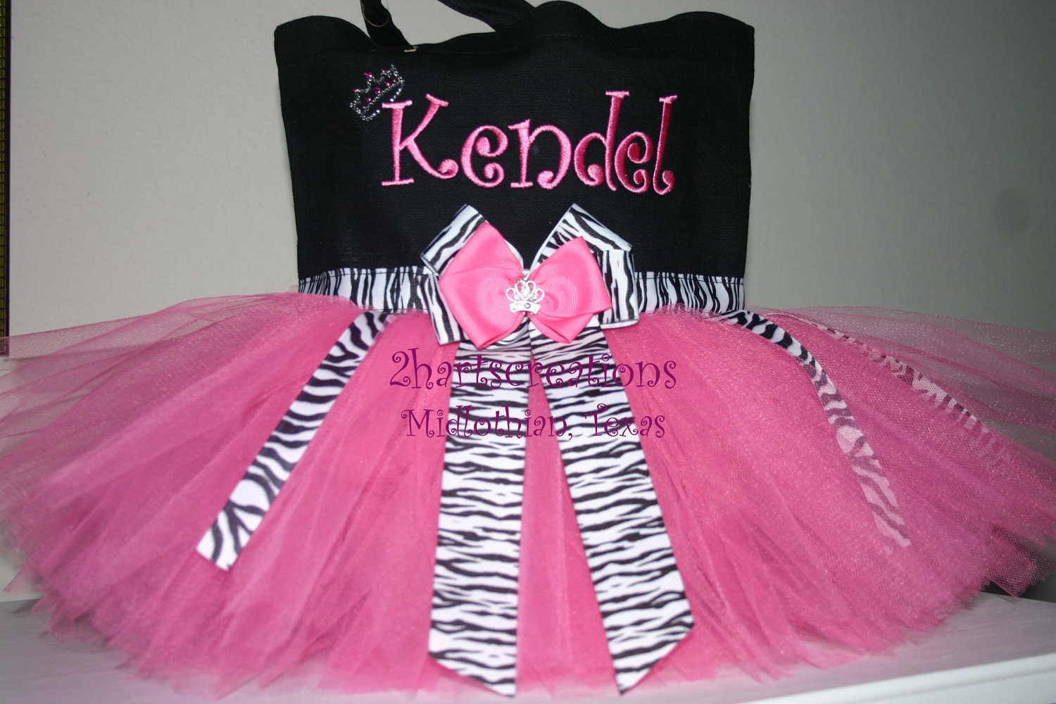 TUTU TOTE BAG - zebra ribbon - tiara crown rhinestone bling