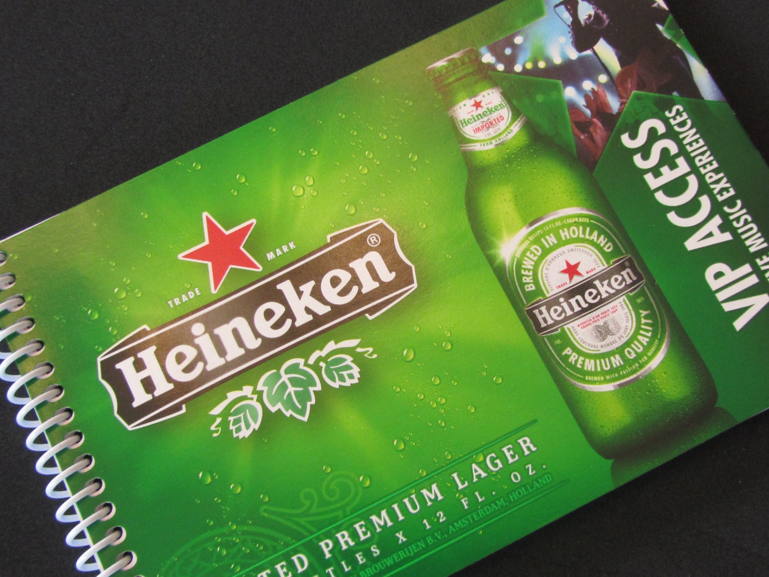 HEINEKEN BEER spiral upcycled journal notebook - VIP - Recycled and Earth Friendly - green, red, white, black