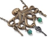 Steampunk necklace antique gold brass Victorian styled octopus pendant skeleton keys genuine green agate filigree by Steampunk Nation R1008