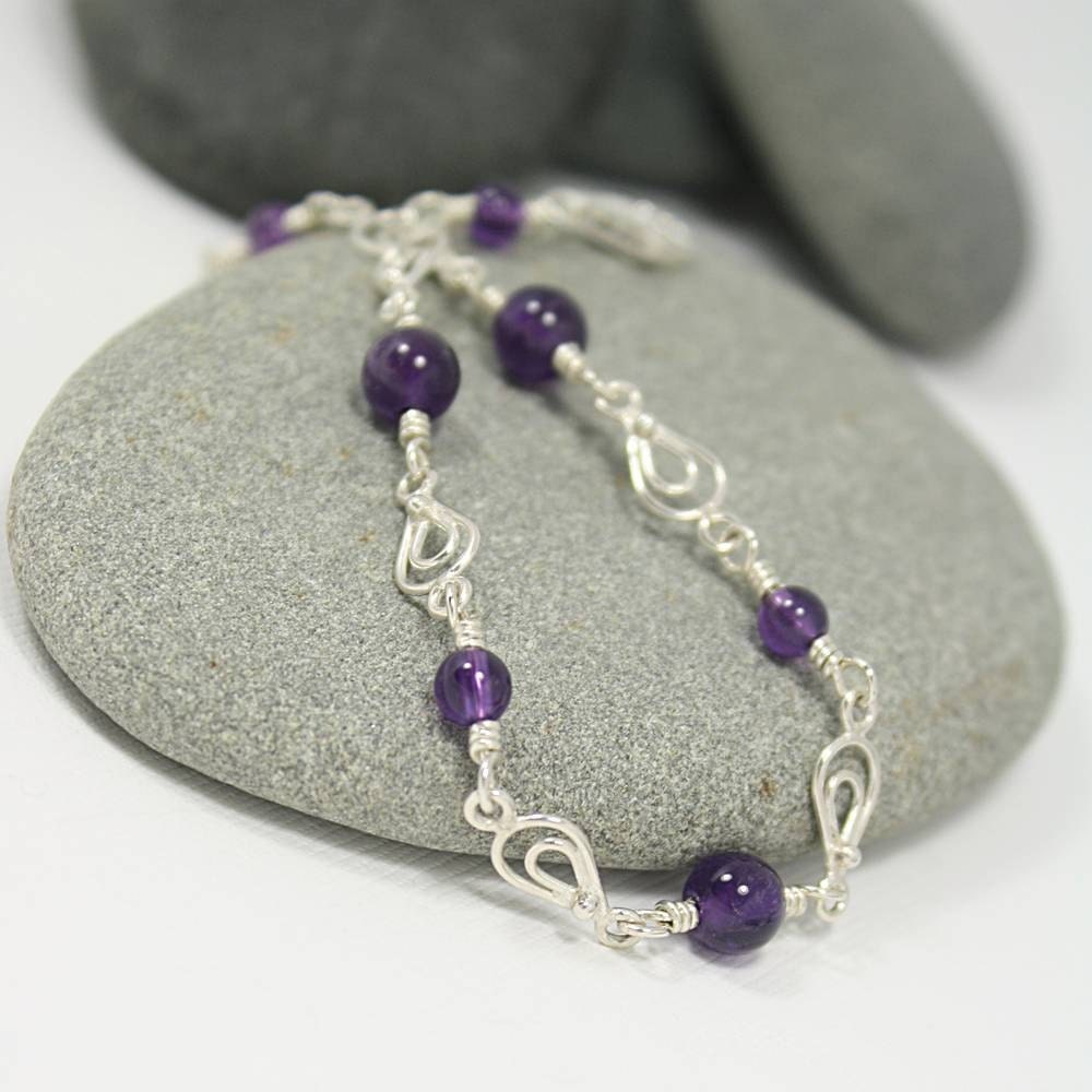 Amethyst and Silver Bracelet with Double Teardrop Links