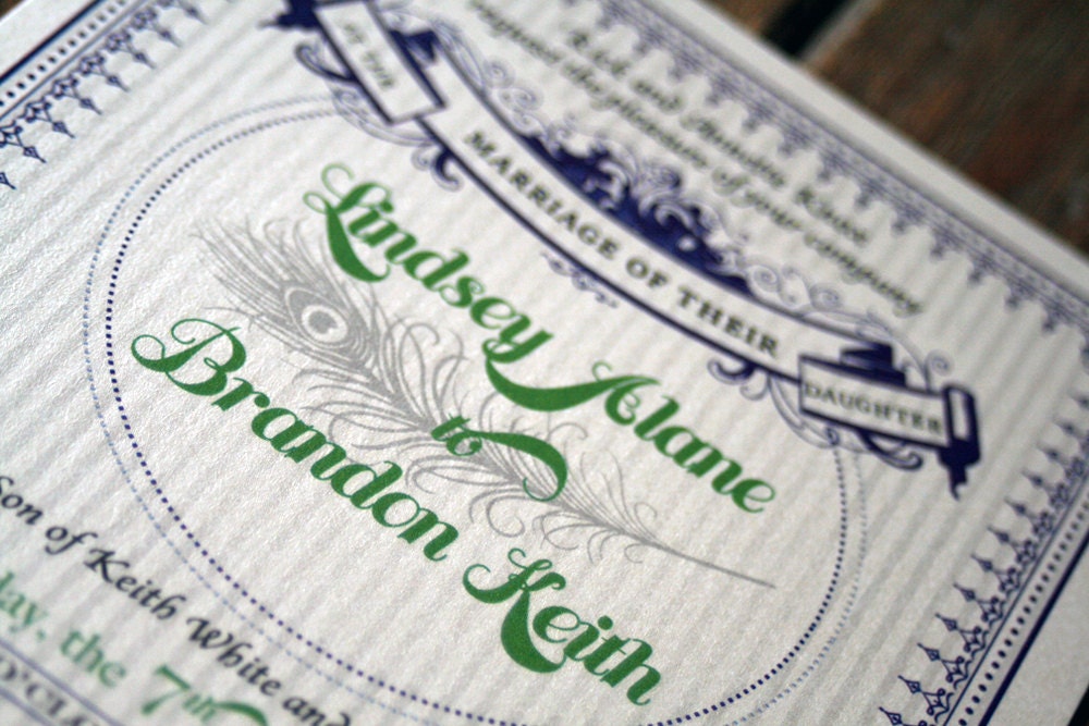 Modern Vintage Wedding Invitation: Script Pewter and Grey with Peacock Feather Wedding Poster