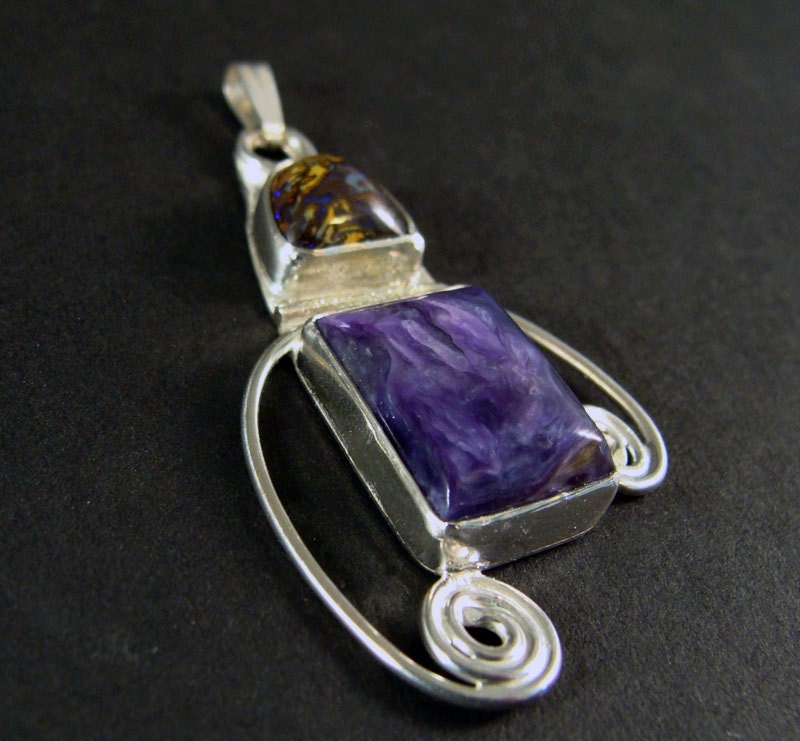 Sterling Charoite And Boulder Opal Freeform Pendant 567