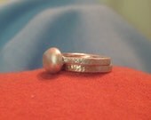Pearl Wedding Ring Silver Nugget Bridal Set Offbeat Eclectic Eccentric Art Deco Style White Matte Platinum Satin Luster JJDLJewelryArt
