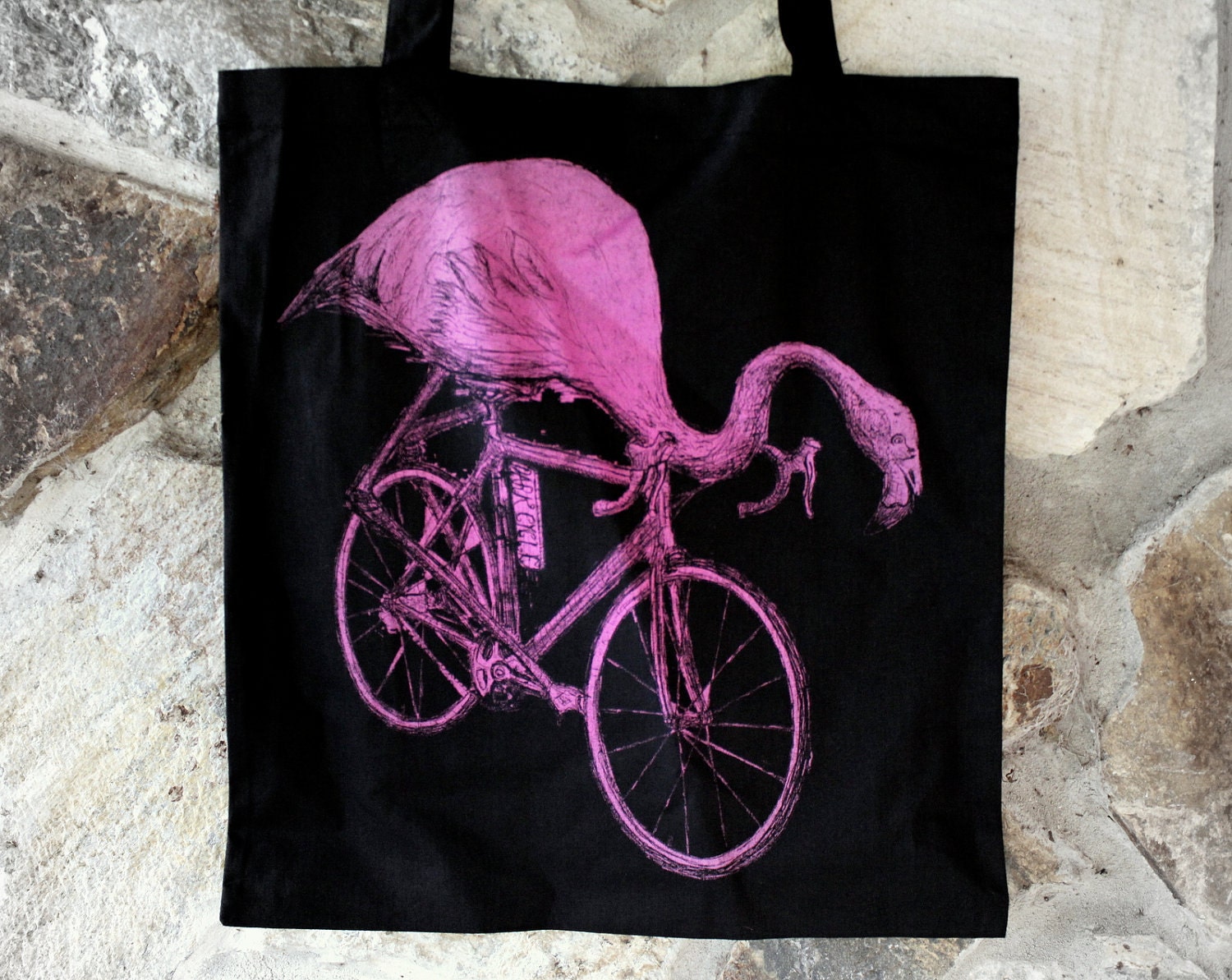 Flamingo on a Bike - Black Cotton Tote Bag - FREE SHIPPING