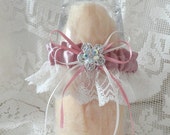 Vintage Rose Satin-Antique White Wedding Garter-Rhinestone Trim