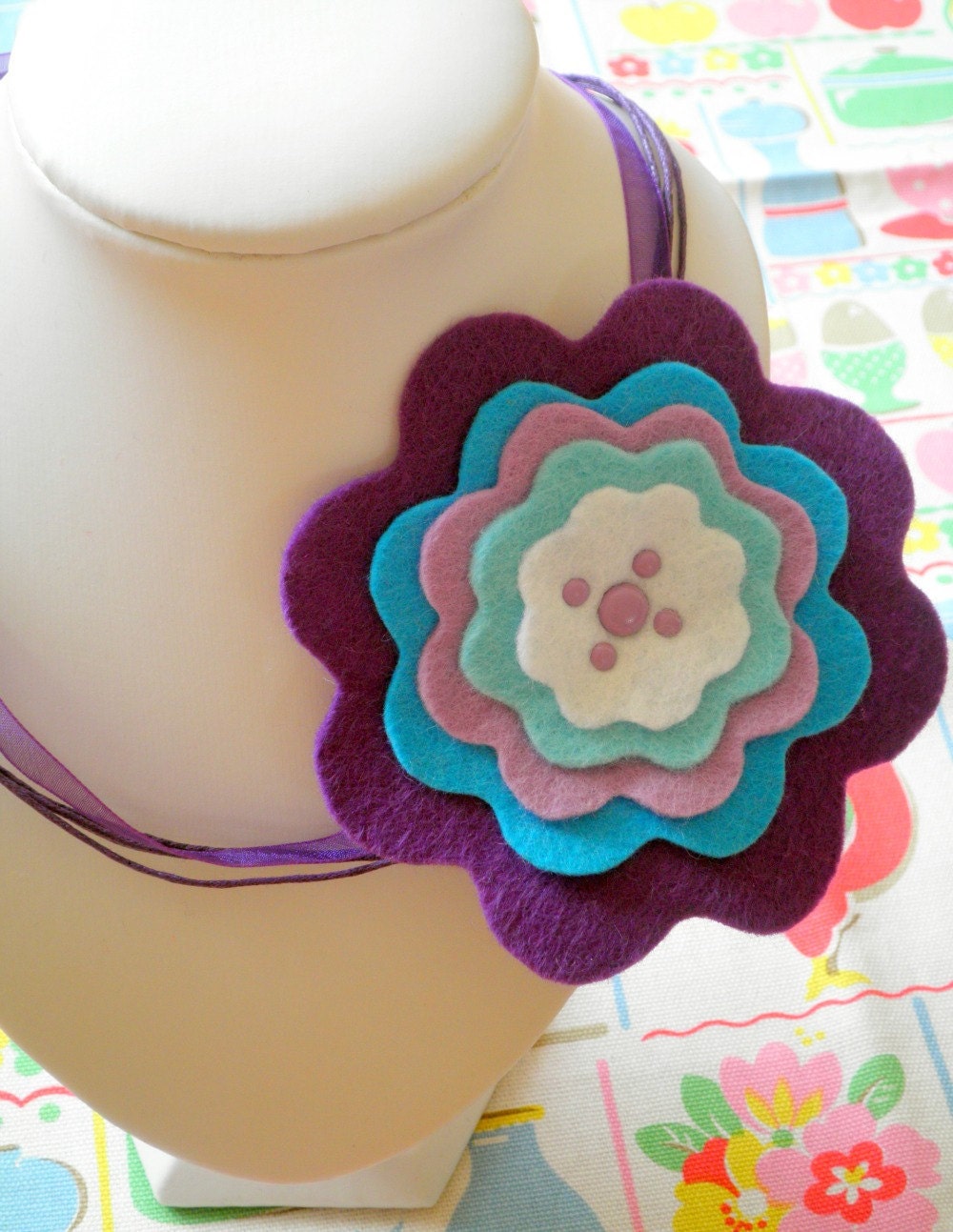 Glacial Blues - Felt Flower Corsage Necklace