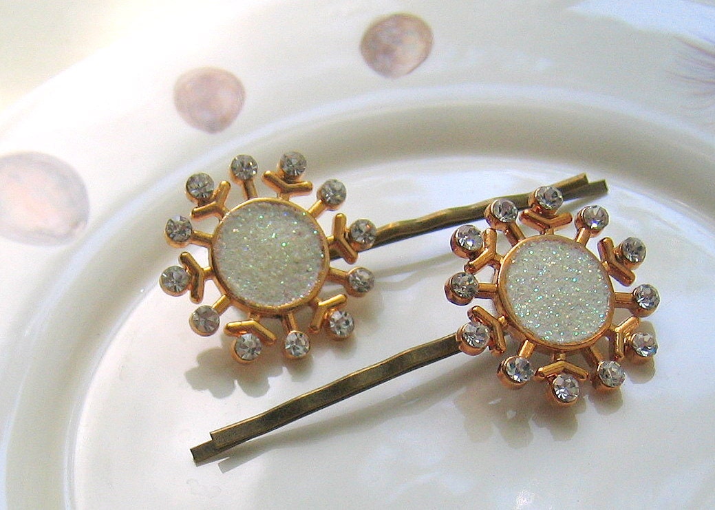 Snowflakes Bobby Pin Set Glitter and Rhinestones