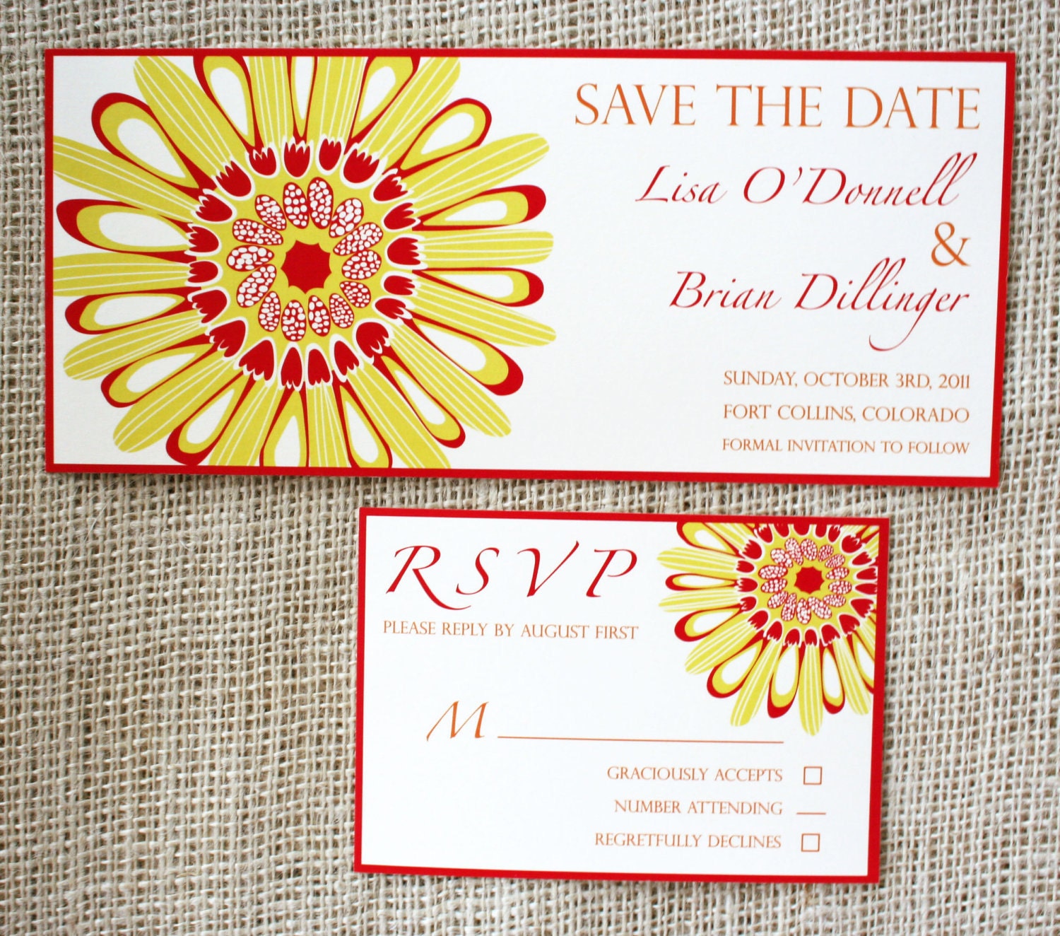 Sunflower Wedding Invitation, RSVP card, Menu, escort card, thank you card.... personalized entire suite