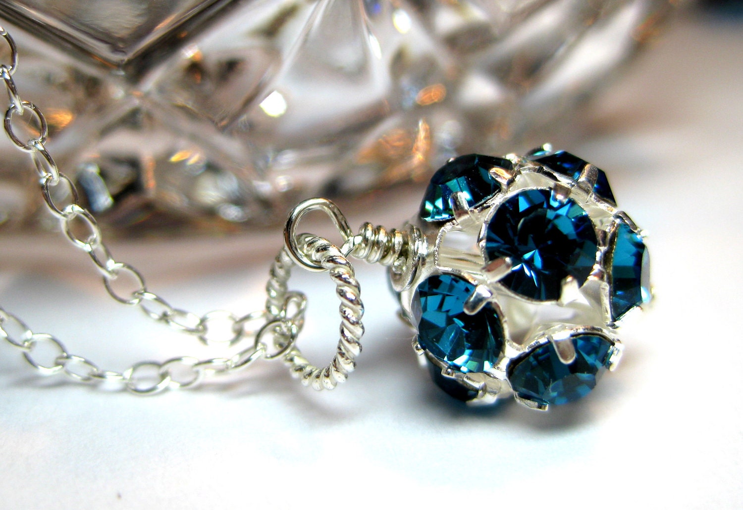 Swarovski necklace, Teal green, Sterling silver, Swarovski crystals rhinestones, Round crystal ball, Handmade jewelry - JewelrybyDorothy