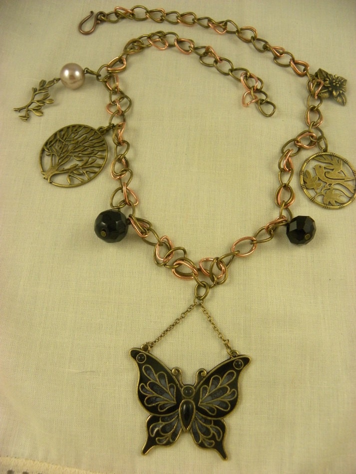 Vintage Inspired Necklace Birds Butterfly Tree of Life