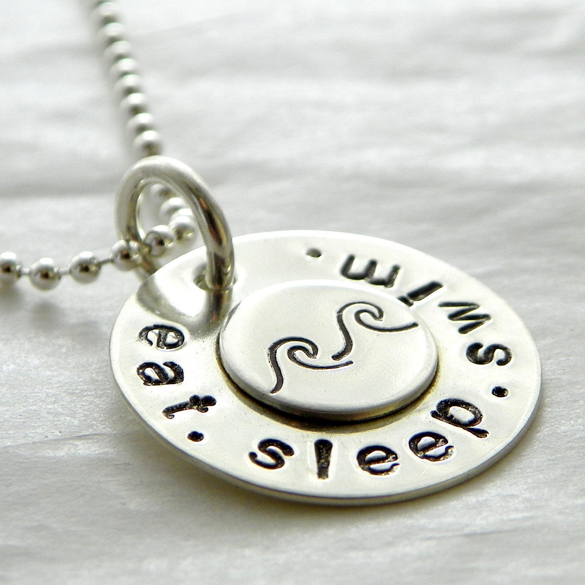 Eat. Sleep. Swim. hand stamped sterling silver necklace