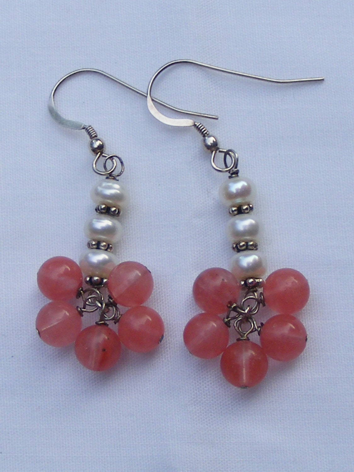 Earrings - Freshwater Pearls and Round Cherry Quartz