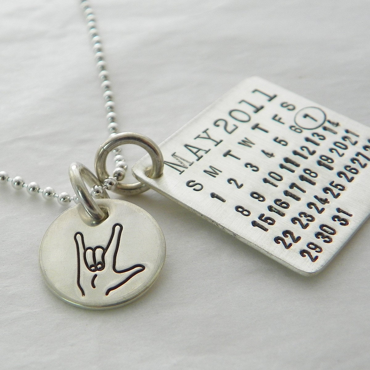 Calendar Necklace - personalized Mark Your Calendar necklace with sterling silver necklace with  ASL I Love You Charm