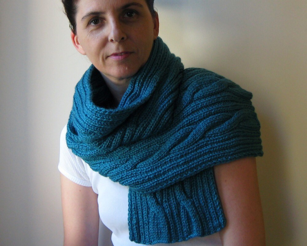 cable scarf knit in blue merino blend wool