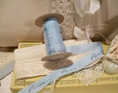 Vintage rayon seam binding ribbon -  custom printed French blue Paris printing