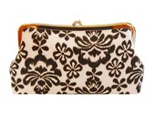 Clutch purse with ikat damask in chocolate brown