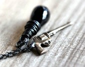 Charm Necklace, Black Spinel Antiqued Brass Six Shooter Gun Oxidized Sterling Silver Wire Wrapped - Gunslinger