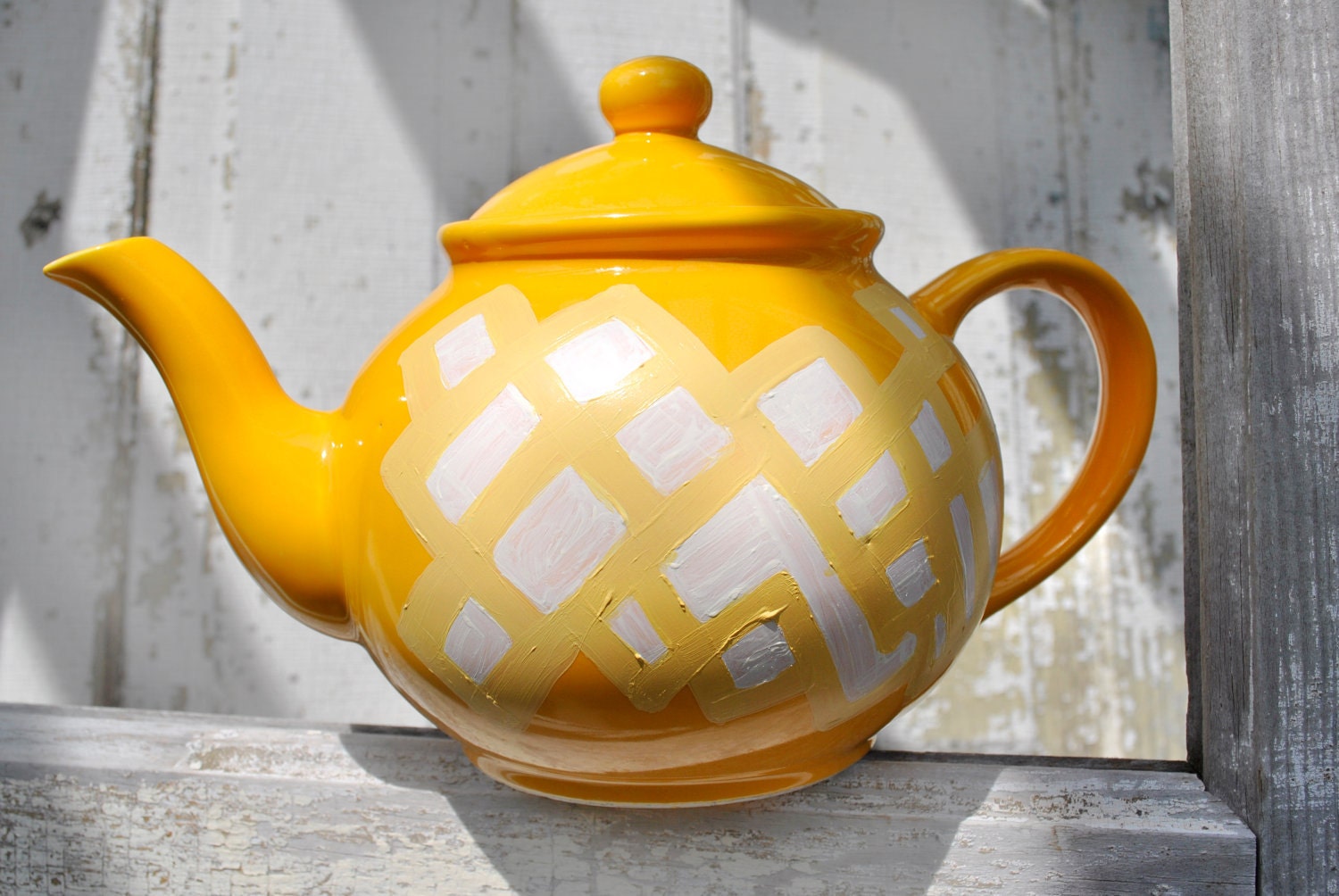 Yellow Ceramic Teapot-Painted Geometry