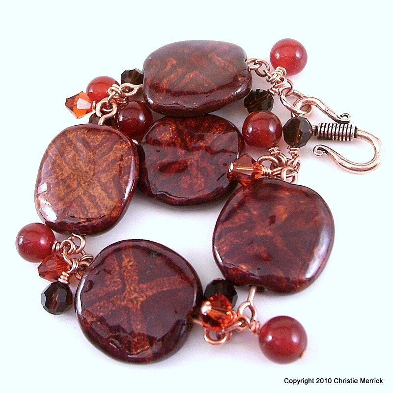Kazuri Bead Bracelet Red Brown Copper Carnelian Swarovski Crystal