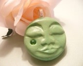 Dreaming Moon Face Pendant green polymer clay jewelry