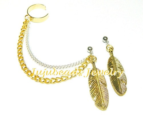 Gold and Silver feather Ear Cuff Set