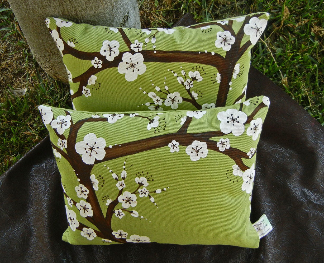 Pair of 12x16in Hand Painted Cherry Blossom Throw Pillow Covers in Green, Brown and White