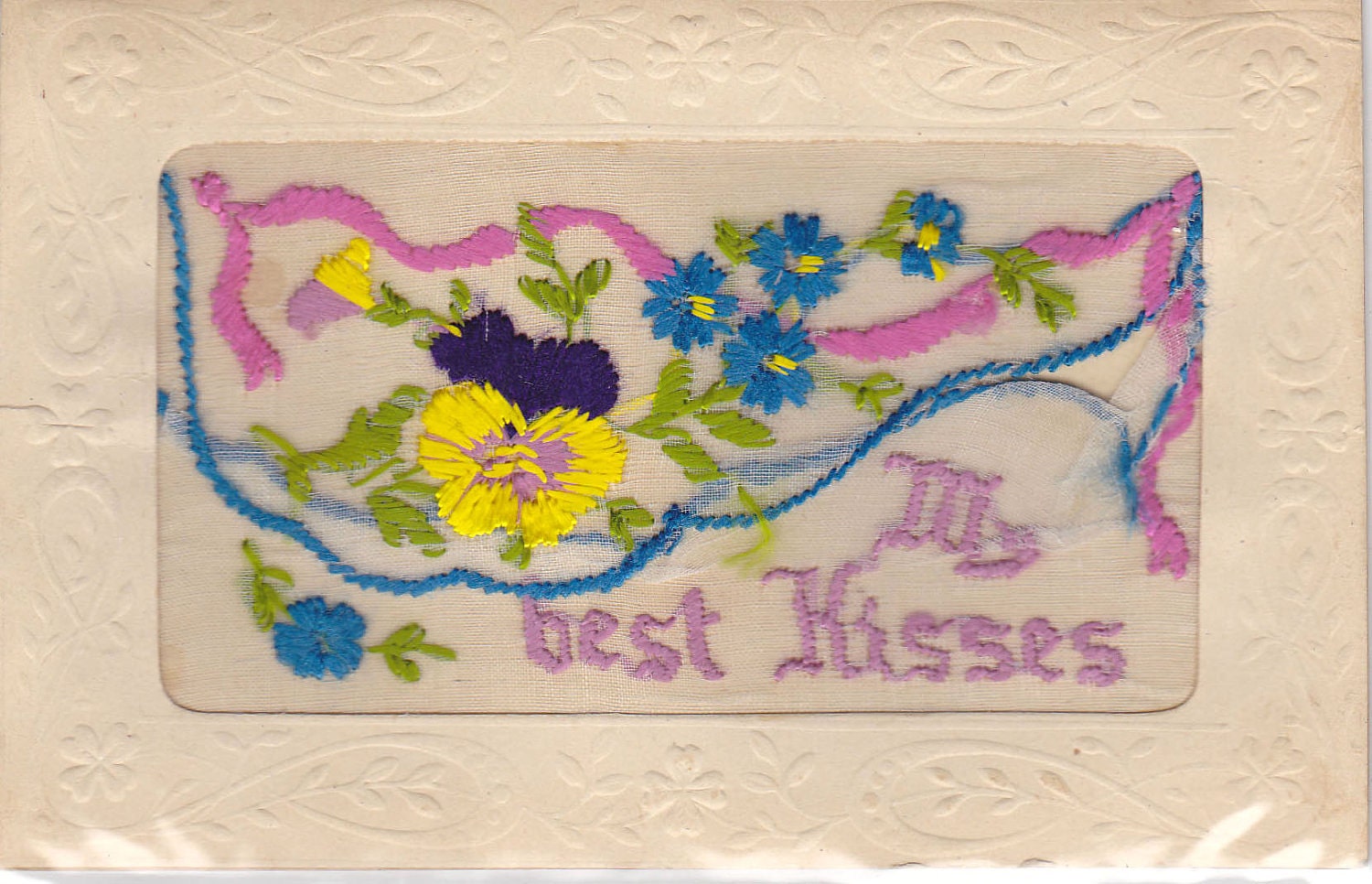 Antique Postcard Embroidery My Best Kisses Unused Early 1900s (fpc294)