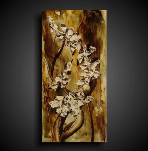 Encaustic Painting - Asian Painting - White Flowers Blossoms - Earth Tones - Abstract - Gift - Original Painting