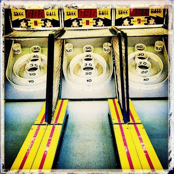 Carnival photo mustard yellow whimsical wall art SkeeBall polaroid transfer fun fair arcade game ruby red Art Print 8x8