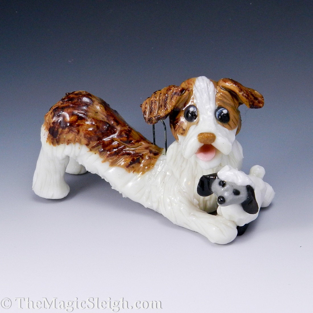 Australian Shepherd Ornament with Sheep Porcelain Original Sculpture