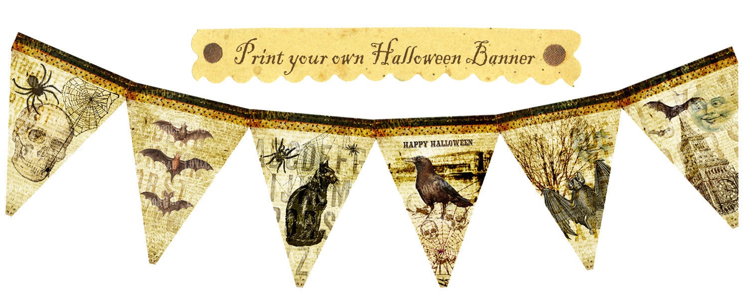 Vintage Halloween Witches Spider Ghost Skeleton Cat Bat Celebrate Banner Tea party Flag Burlap Postcard Digital Collage Sheet Images Sh187