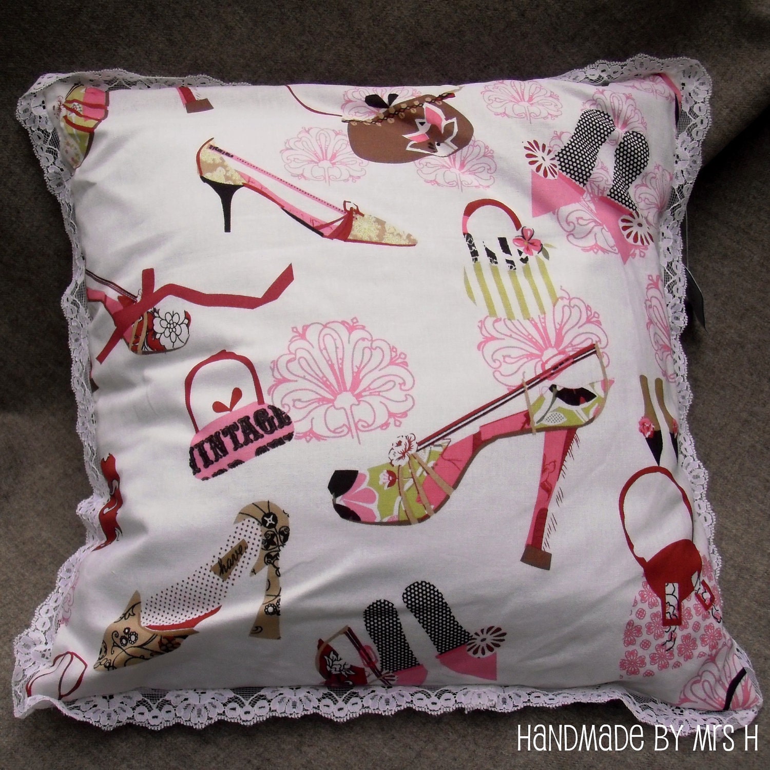 Shoes & Handbags cushion with white lace edging