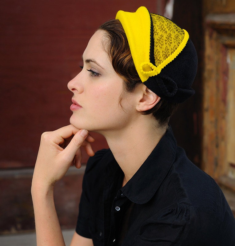 Bee's Knees - yellow and black felt hat with lace detail