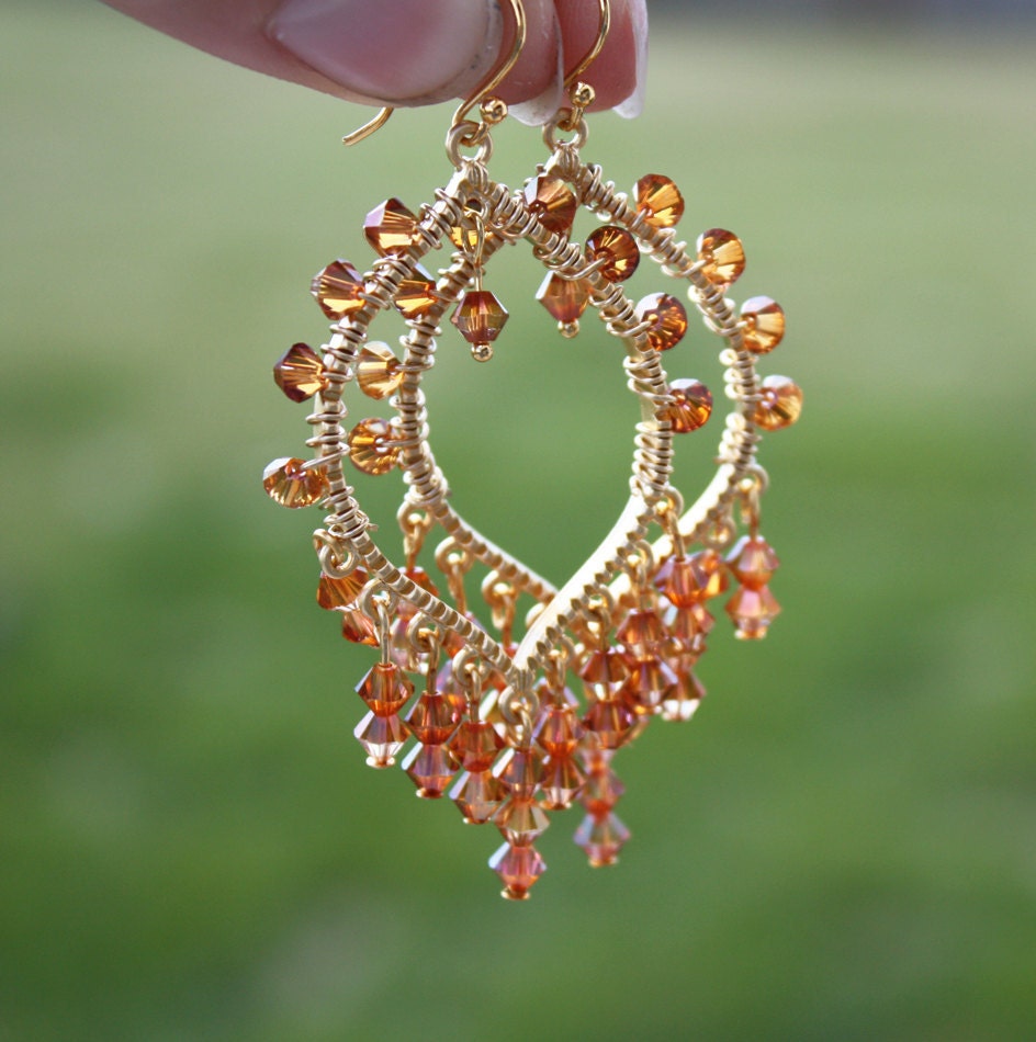 Wire Wrapped Chandelier Earrings with Swarovski Crystal and 14K Gold