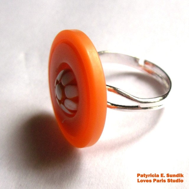 Button Ring Adjustable Orange, with vintage Flower Cabochon