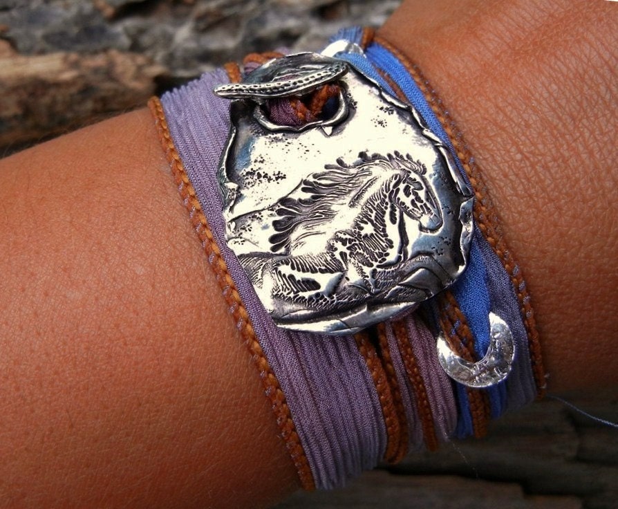 Horse Jewelry, Hand Made Silver Toggle Bracelet, Womens Jewelry, Silk Ribbon Adjustable Wrap Bracelet, Gift for Her, Pony, Blue n Brown
