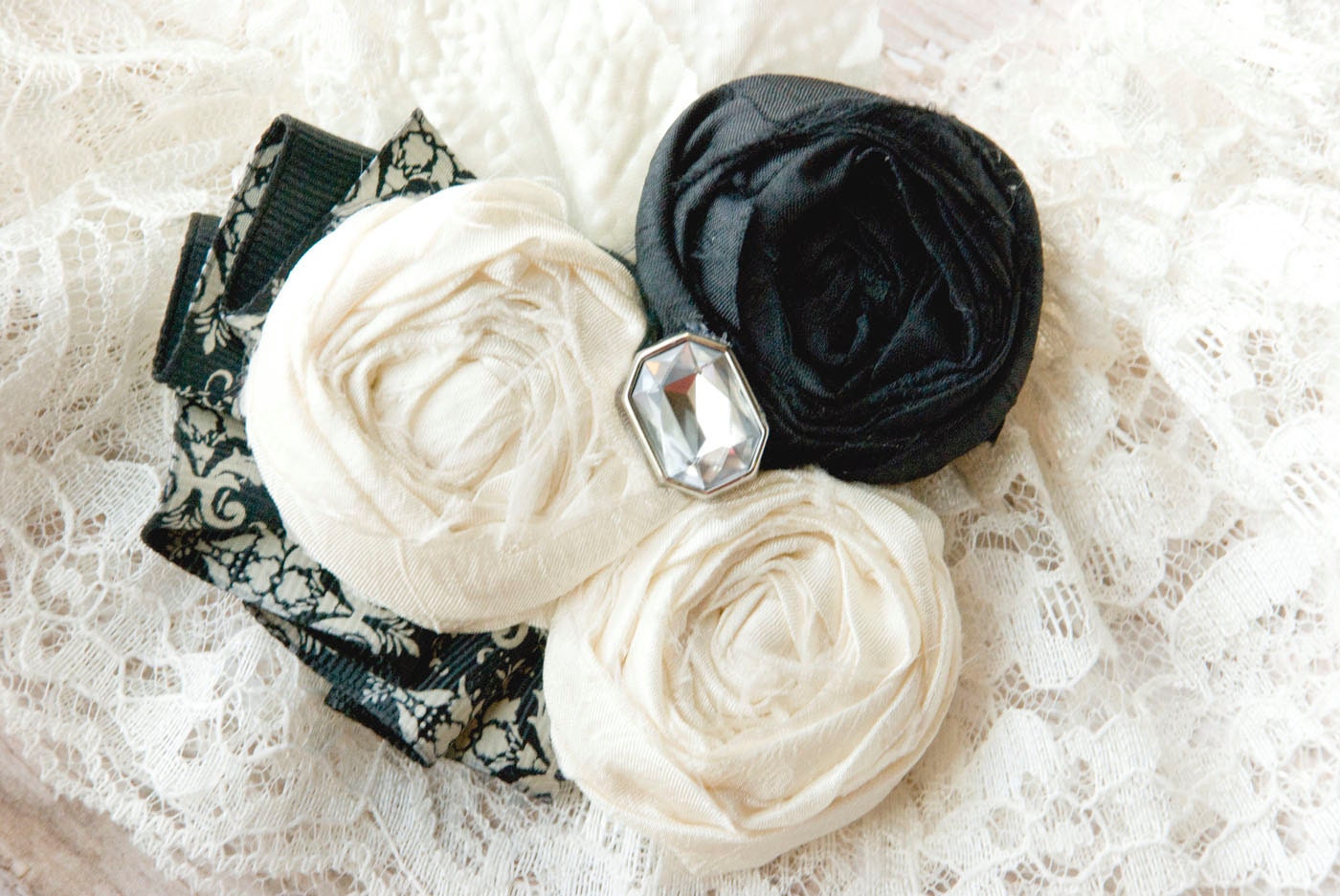 Damask Wedding Garter SET in Black and White ( choose your accent colors) Vintage Style Brooch, pearls, and lace accents