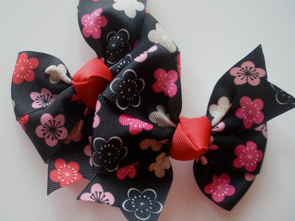 Hair Bow - Little Girl Hairbows - Colored Flowers Pinwheel Bows - Set of Two Pigtail Bows - Black with Pink Red and White Flowers - TessieLou