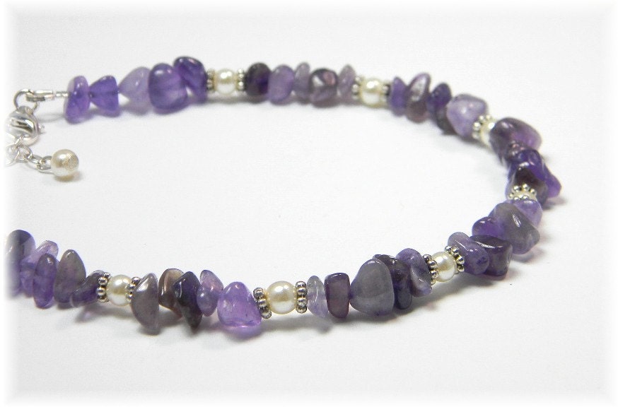 Amethyst Gemstone Anklet with Pearls Adjustable Ankle Bracelet