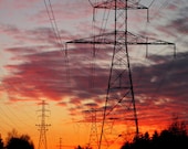 Stunning Sunset Photograph. Fine Art Landscape 8x10 Print. Architectural Power Lines. Fiery Orange and Hot Pink.