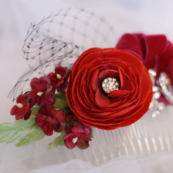 red flower headpiece, rockabilly wedding hair accessory, burlesque fascinator, rhinestone and flower hair comb, bridal hair flower - VelvetTeacup